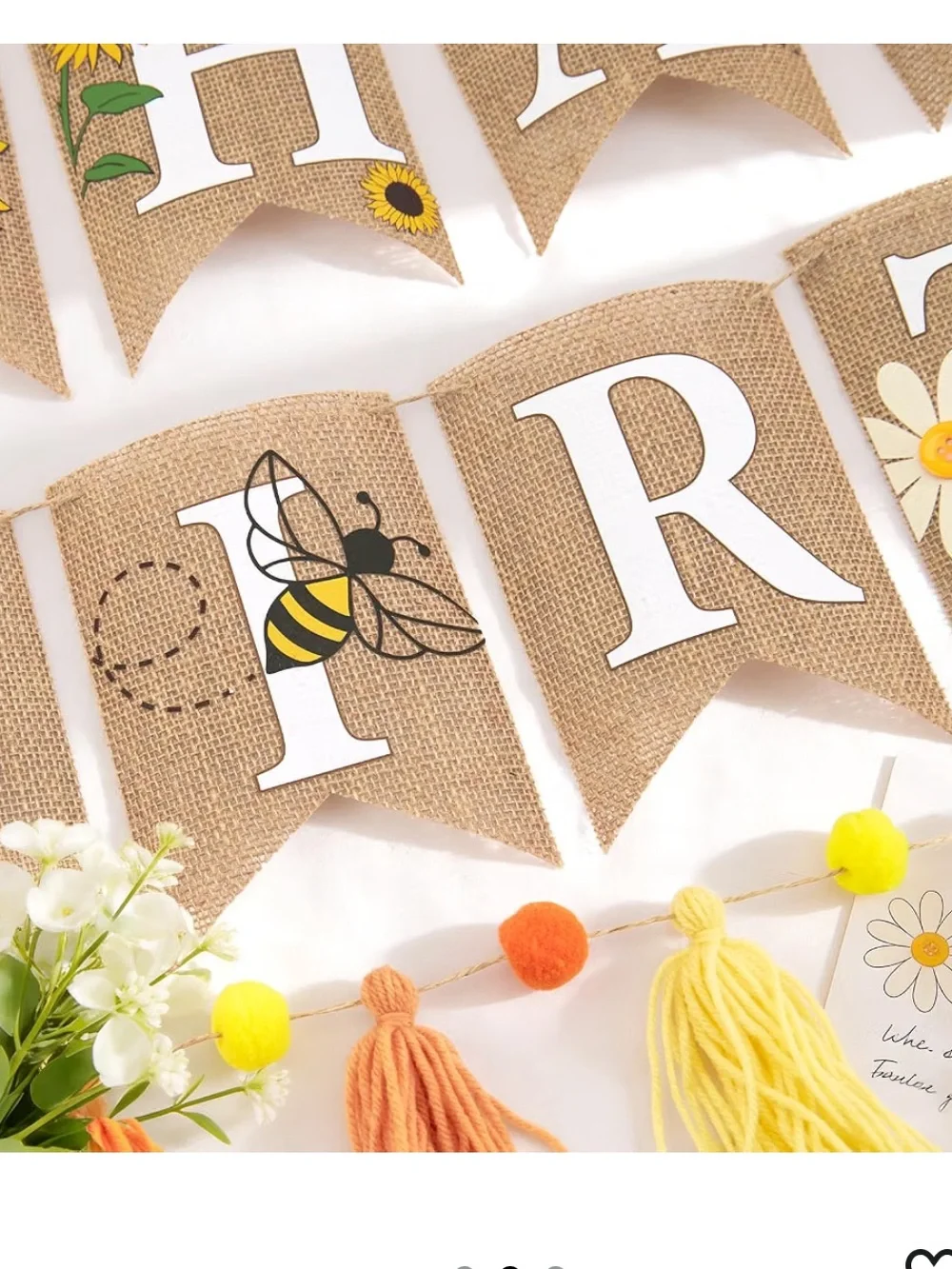 Happy Birthday Burlap Pennant Banner Sign Sunflower and Bumble Bee Theme